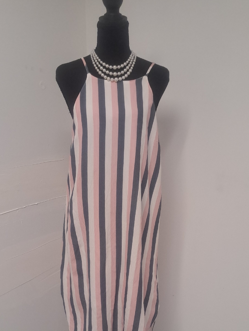 She + Sky Pink and Navy Vertical Stripe Midi Dress